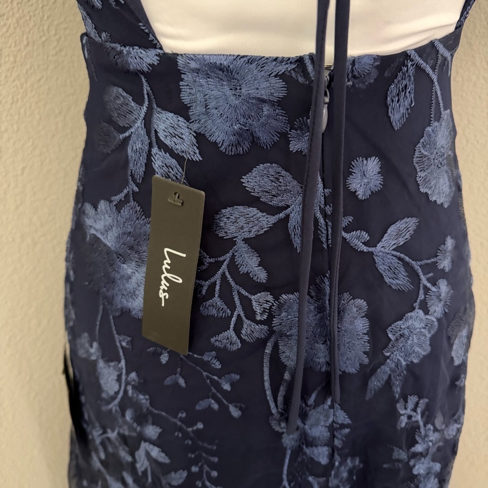 Charmingly Sophisticated Navy Blue Tulle Embroidered Midi Dress - Picture 6 of 16